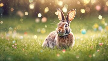 Brown rabbit in meadow center composed. Easter decorative scene adorned sparkle bokeh light on background photo