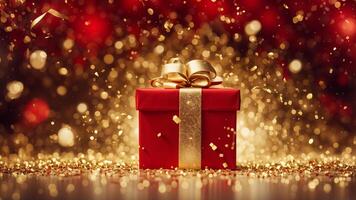 Close up of one red gift box with a shinny bow adorned gold sparkle and confetti on floor. golden and red bokeh light on background. photo