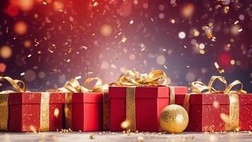 Four red gift boxes with a shinny bow adorned gold ball on floor. decorative with golden sparkle, confetti, red and yellow bokeh light on background photo