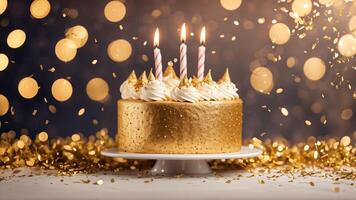 Golden sparking cake with whipped cream on white cake saucer adorned three candles with fire, shinny gold confetti and bokeh light on background. photo