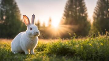 White rabbit in meadow left composed. Easter decorative scene adorned sunset trees and sparkle bokeh light on background with free space for creative design photo