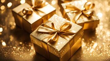 Selective focus of three gold gift boxes with a shinny bow adorned gold balls, yellow sparkle on golden floor. diffused light from right side. photo