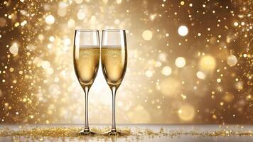 two champagne glasses on table adorned golden sparkle and yellow bokeh light background. Left composed. Celebrate moment event scene. photo