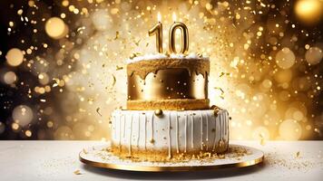Golden and white cake on table adorned shinny 10 number candle with fire on top, shinny gold ball, candle, confetti and bokeh light on background. photo