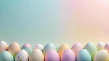 Easter decorative scene adorned align two lines colorful pastel eggs with patterned and pastel gradient backdrop with free space for creative design photo