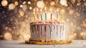 Whipped cream topper on white cake adorned seven candles with fire, shinny gold confetti, sparkles and bokeh light on background. photo