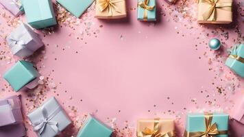 Top view of pastel gift boxes adorned ball and confetti on floor scene with center copy space for creative design. photo