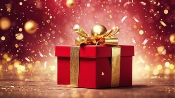 Close up of one red gift box with a shinny bow adorned gold ball on top on floor. decorative with golden sparkle, confetti. red and yellow bokeh light on background. photo