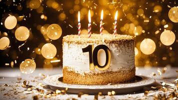 Golden sparking topper on white cake adorned four candles with fire and shinny 10 number on the side, confetti and bokeh light on background. photo