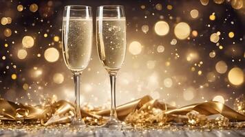 Close up two champagne glasses on table adorned gold confetti and ribbon, golden sparkle and yellow bokeh light background. Left composed. Celebrate moment event scene. photo