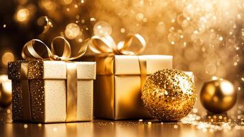 Close up of two gold gift boxes with a shinny bow adorned gold ball on golden floor. yellow sparkle and bokeh lights on background. photo