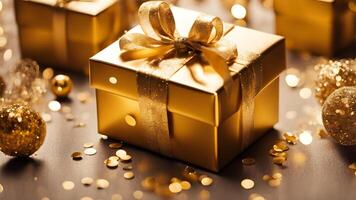 Selective focus close up of gold gift boxes with a shinny bow adorned gold balls, yellow sparkle on golden floor. diffused light from back side. photo