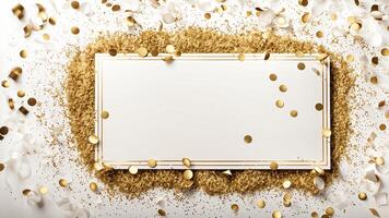 Top view free center compose of celebrate moment layout adorned white paper frame, gold circle papers confetti, particles sprinkles, on white scene. photo