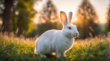 White rabbit in meadow center composed. Easter decorative scene adorned sunset trees grass flower and sparkle bokeh light on background photo