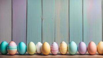 Easter decorative scene adorned align one lines of colorful pastel eggs with painted and wooden pastel backdrop with free space for creative design photo