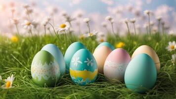 Easter decorative scene adorned nine colorful eggs with painted in meadow with little flowers on background photo