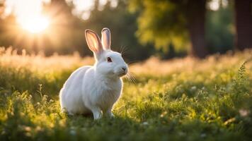 White rabbit in meadow left composed. Easter decorative scene adorned sunrise and sparkle bokeh light on background photo
