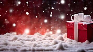 Right composition of Close up view of red gift box with a shinny white ribbon on snowflakes with blurry fresh snow and red bokeh lights. holiday or festive greeting card banner. photo
