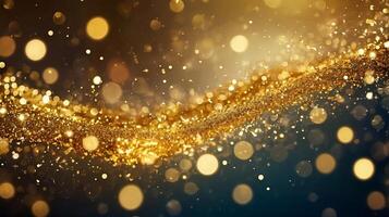 Golden particles and sprinkles in wave like background. Festive layout scene adorned with curve line gold sparkles, radiant particles, confetti bokeh. holiday wallpaper, greeting card, backdrop photo