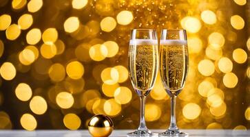 Two champagne in glasses on white table and golden ball for festive with gold sparkle and bokeh light background. Celebrate event scene. photo