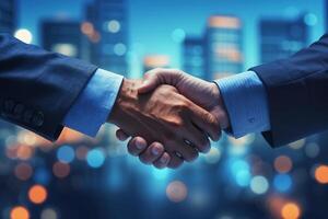 Close up of businessman handshake with blurry business building and bokeh light background. Diversity race of two hands shaking together. Concept of connectivity, success, partnership, teamwork. photo