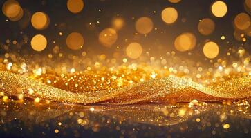 Pile of Golden particles and sprinkles background. Festive layout scene adorned with curve line gold sparkles, radiant particles, confetti bokeh effects. holiday greeting banner, celebration backdrop photo