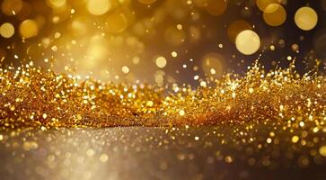 Golden particles and sprinkles on floor background. Festive layout scene adorned with curve line gold sparkles, radiant particles, confetti bokeh effects. holiday greeting card, celebration backdrop photo