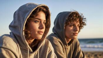 Young Couple in Hoodies Relaxing on the Beach photo