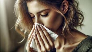 Young Woman Blowing Nose with Tissue Indoors photo