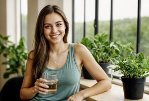 Smiling Woman Drinking Water Indoors with Plants photo