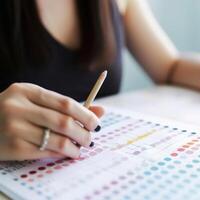 Close-up of a woman's hands marking a table in a graph with different colors. photo