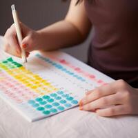 Close-up of a woman's hands marking a table in a graph with different colors. photo