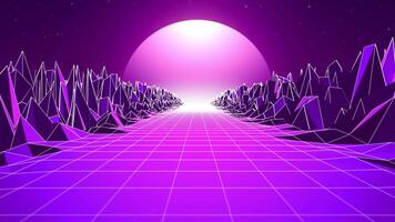 Pink purple retro background with sunset landscape and glowing white grid on a rocky shapes road. Synthwave animation in old futuristic style for digital technology and music art performance. 4K 60fps video