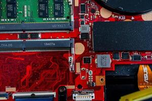 a motherboard with intricate circuit patterns, RAM modules, and various electronic components photo