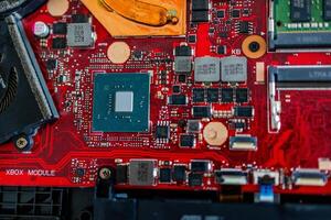 a motherboard with intricate circuit patterns, RAM modules, and various electronic components photo