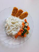 a plate of rice with tempeh and vegetables ready to eat isolate on white photo