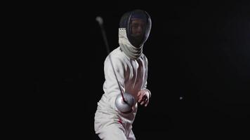 Attack Of Fencer, Athletic Man In Protective Fencing Mask Fighting With Opponent, Lunge And Touche video
