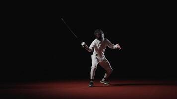 Full-Length Portrait Of Professional Fencer With Epee Fighting With Air On Fencing Track, Training video