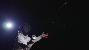 Male Fencer With Epee And Fencing Helmet Fighting With Rival On Fencing Track, Portrait In Slow Motion video