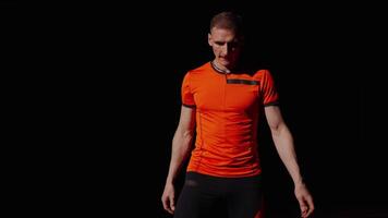 Future Champion Of Sprint In Stadium, Male Athlete Practicing Run, Standing In Starting Blocks video