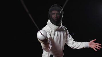 Attack Of Professional Fencer, Frontal View Of Sportsman With Foil In Slow Motion, Epic Portrait video