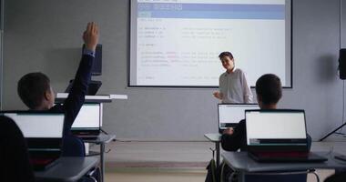 Classmates Discussing Scientific Work Of School Student Boy In Programming Classes In School video