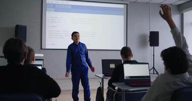 Classmates Discussing Program Code, Schoolboy Speaking In Front Pupils In Classroom, Coding Classes video
