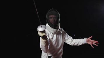 Motivated Fencer With Epee Attacking His Rival In Fight, Frontal Portrait Shot, Slow Motion video