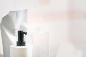 Refill to reduce plastic waste. soap or shampoo for refill. plastic bottles for refill liquid soap, shampoo and other products. Zero waste. Reuse reduce recycle concept. photo