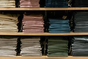 Stack of cotton colorful clothes on table in cloth store. photo