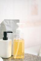 Refill to reduce plastic waste. soap or shampoo for refill. plastic bottles for refill liquid soap, shampoo and other products. Zero waste. Reuse reduce recycle concept. photo