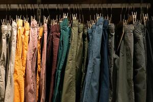 Fashion , clothes concept ,Clothes or pants many colors hang on a shelf in a designer clothes store. Clothing hanging on a clothing rack in a store. photo