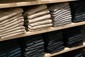 Stack of cotton colorful clothes on table in cloth store. photo