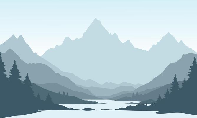 blue mountain landscape with clean sky, calm river, birds flying and pine trees silhouettes